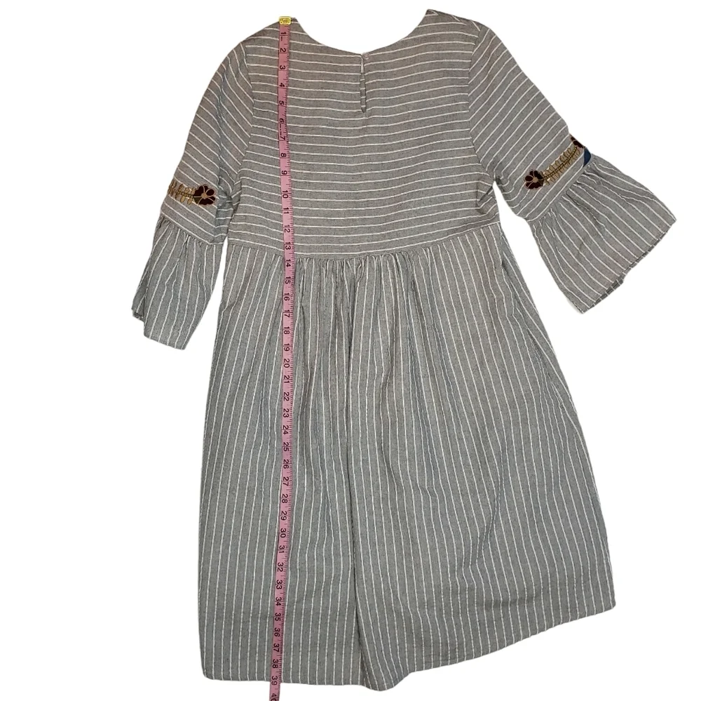 Orange Creek Gray Striped Floral Embroidered Dress Sz Medium Bell Sleeve Cotton - Picture 12 of 14